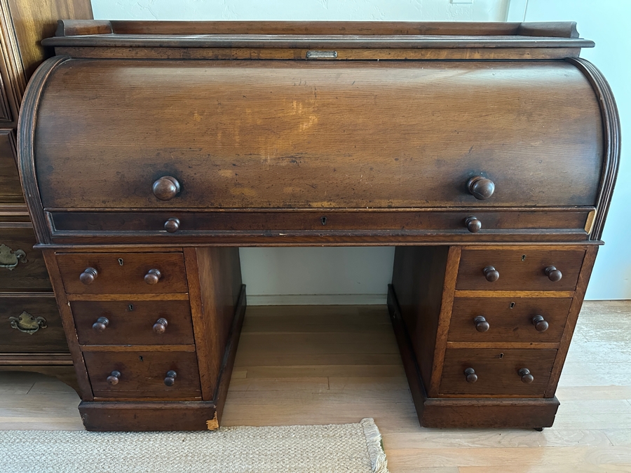 Antique 1892 Rolltop Desk With Engraved Plaque 'Presented To MD J. G. Thompson On His Resignation Of The Head Mastership Of St. George's Schools Birmingham England October 1892' 54W X 26D X 44H [Photo 15]