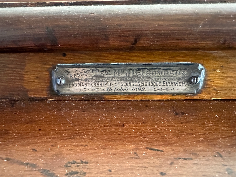 Antique 1892 Rolltop Desk With Engraved Plaque 'Presented To MD J. G. Thompson On His Resignation Of The Head Mastership Of St. George's Schools Birmingham England October 1892' 54W X 26D X 44H [Photo 8]