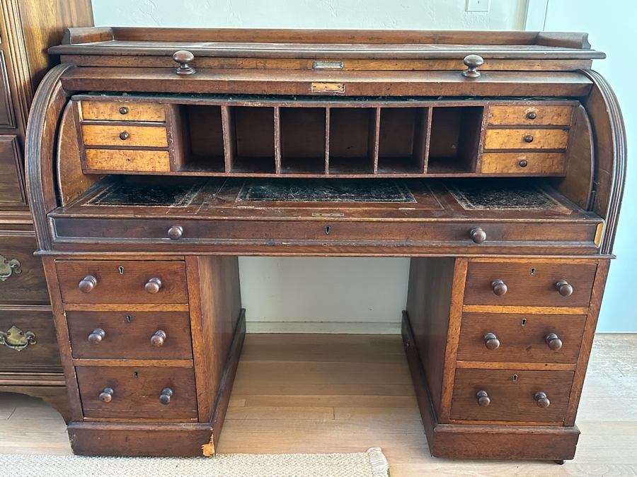 Antique 1892 Rolltop Desk With Engraved Plaque 'Presented To MD J. G. Thompson On His Resignation Of The Head Mastership Of St. George's Schools Birmingham England October 1892' 54W X 26D X 44H [Photo 5]