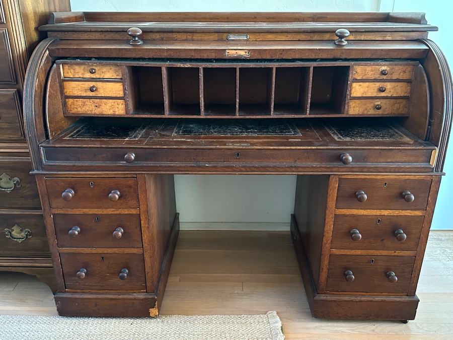 Antique 1892 Rolltop Desk With Engraved Plaque 'Presented To MD J. G. Thompson On His Resignation Of The Head Mastership Of St. George's Schools Birmingham England October 1892' 54W X 26D X 44H [Photo 6]