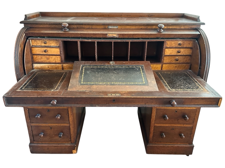 Antique 1892 Rolltop Desk With Engraved Plaque 'Presented To MD J. G. Thompson On His Resignation Of The Head Mastership Of St. George's Schools Birmingham England October 1892' 54W X 26D X 44H [Photo 1]