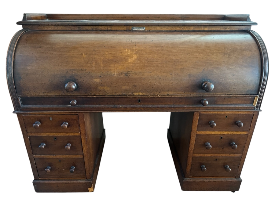 Antique 1892 Rolltop Desk With Engraved Plaque 'Presented To MD J. G. Thompson On His Resignation Of The Head Mastership Of St. George's Schools Birmingham England October 1892' 54W X 26D X 44H [Photo 2]
