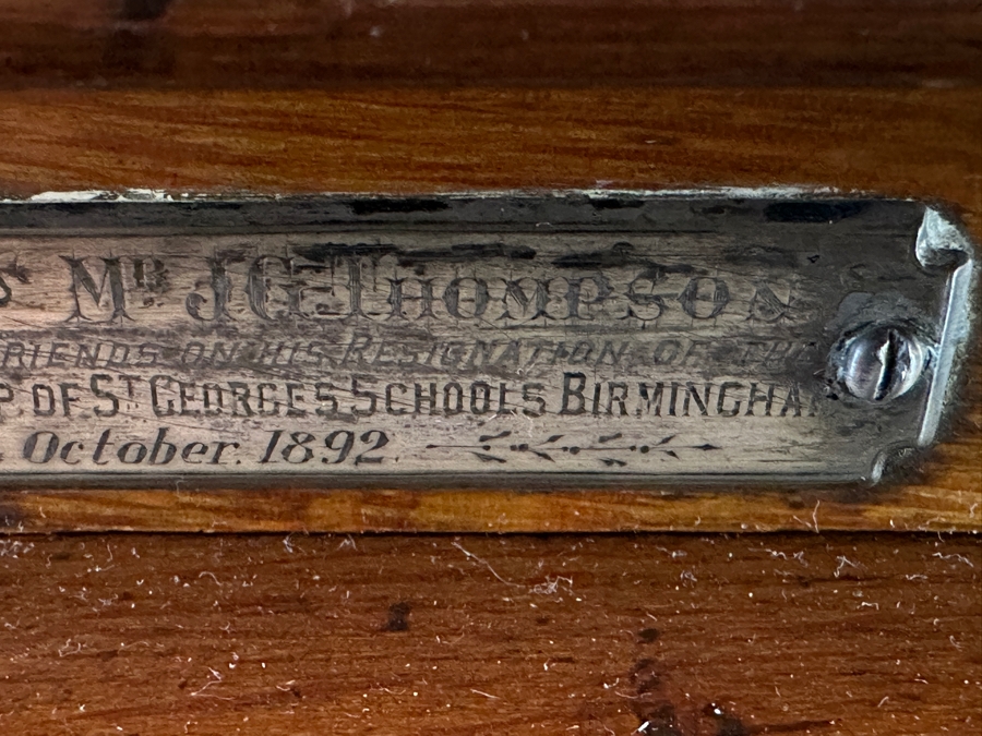 Antique 1892 Rolltop Desk With Engraved Plaque 'Presented To MD J. G. Thompson On His Resignation Of The Head Mastership Of St. George's Schools Birmingham England October 1892' 54W X 26D X 44H [Photo 12]