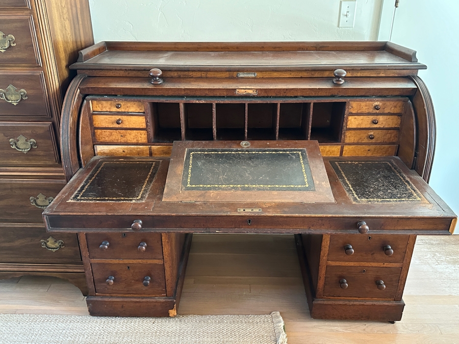 Antique 1892 Rolltop Desk With Engraved Plaque 'Presented To MD J. G. Thompson On His Resignation Of The Head Mastership Of St. George's Schools Birmingham England October 1892' 54W X 26D X 44H [Photo 3]