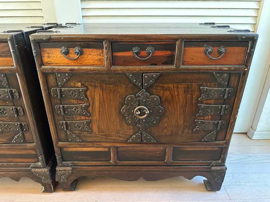 Pair Of Stunning Antique Korean Chests With Hand Wrought Metal Ornamentation 22W X 14D X 21.5H [Photo 6]