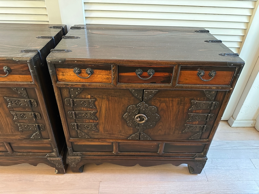 Pair Of Stunning Antique Korean Chests With Hand Wrought Metal Ornamentation 22W X 14D X 21.5H [Photo 5]