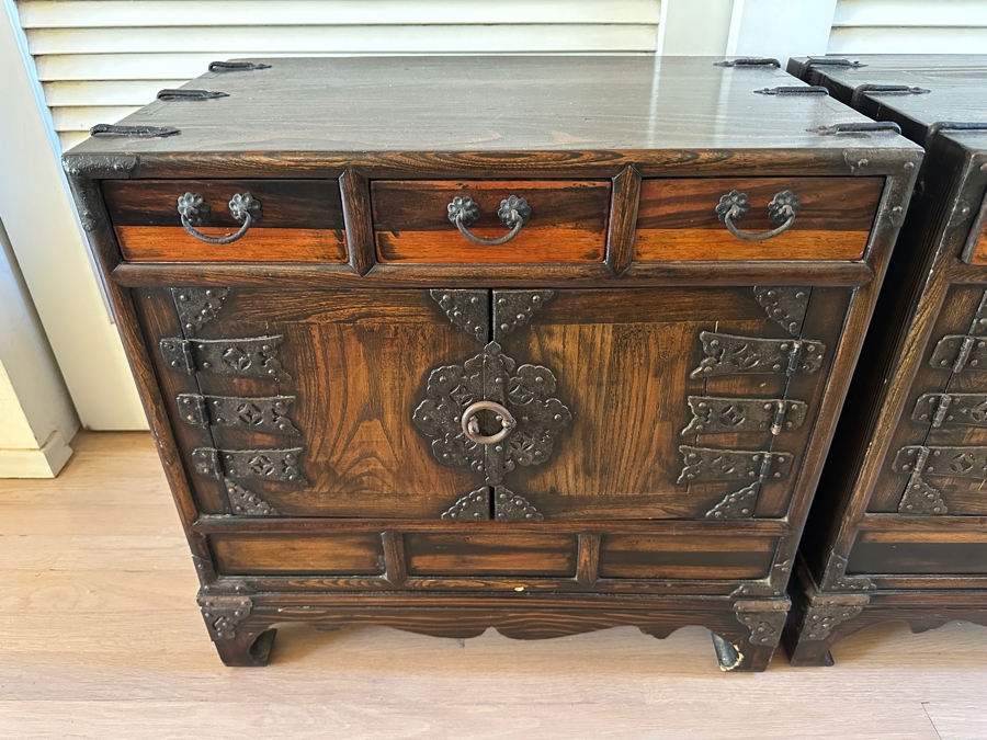 Pair Of Stunning Antique Korean Chests With Hand Wrought Metal Ornamentation 22W X 14D X 21.5H [Photo 3]