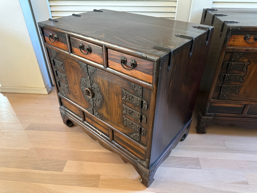 Pair Of Stunning Antique Korean Chests With Hand Wrought Metal Ornamentation 22W X 14D X 21.5H [Photo 8]