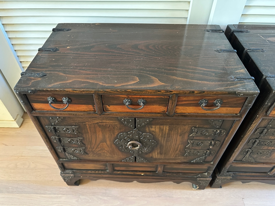 Pair Of Stunning Antique Korean Chests With Hand Wrought Metal Ornamentation 22W X 14D X 21.5H [Photo 4]