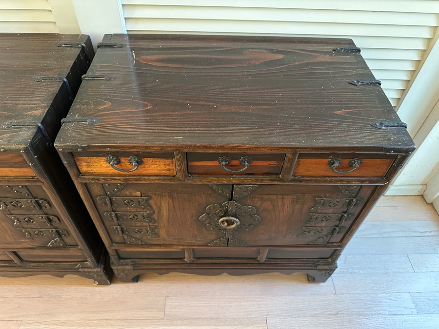 Pair Of Stunning Antique Korean Chests With Hand Wrought Metal Ornamentation 22W X 14D X 21.5H [Photo 7]