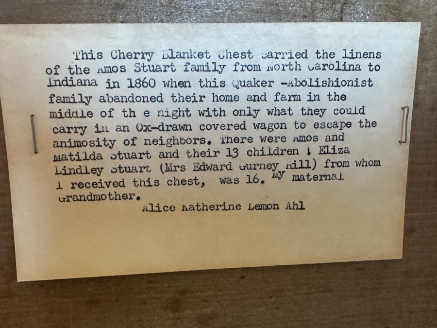 Antique North Carolina Handmade Cherry Blanket Chest From The Amos Stuart Quaker-Abolitionist Family Who Abandoned Their NC Home And Farm And Headed To Indiana To Escape The Animosity Of Neighbors In 1860 (See Photos For History) 50.5W X 19D X 23.5H [Photo 2]