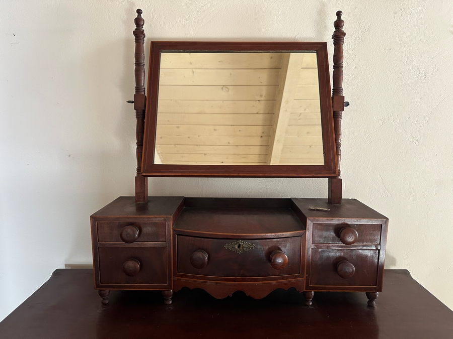 Antique Mahogany Bow Front 4-Drawer Chest Of Drawers Dresser 41W X 22D X 29H With Antique Mahogany Bow Front Swinging Shaving/Toilet Mirror 26W X 8D X 28H [Photo 5]