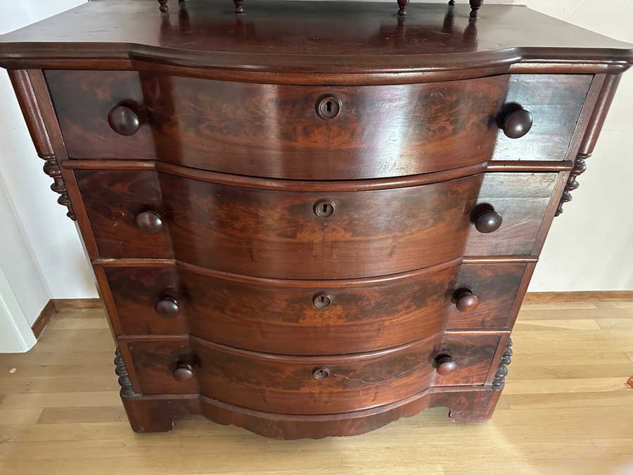 Antique Mahogany Bow Front 4-Drawer Chest Of Drawers Dresser 41W X 22D X 29H With Antique Mahogany Bow Front Swinging Shaving/Toilet Mirror 26W X 8D X 28H [Photo 10]