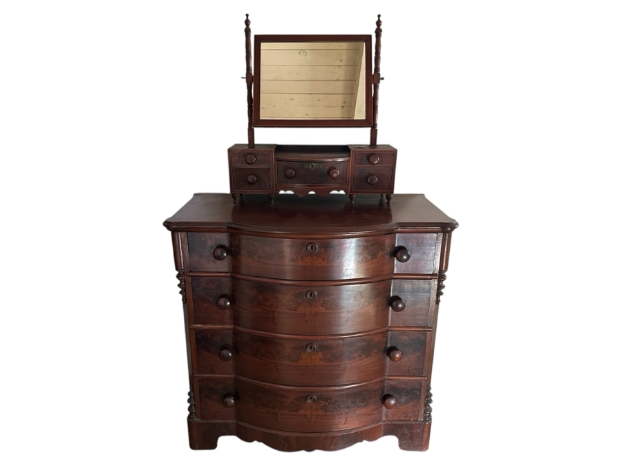 Antique Mahogany Bow Front 4-Drawer Chest Of Drawers Dresser 41W X 22D X 29H With Antique Mahogany Bow Front Swinging Shaving/Toilet Mirror 26W X 8D X 28H [Photo 1]