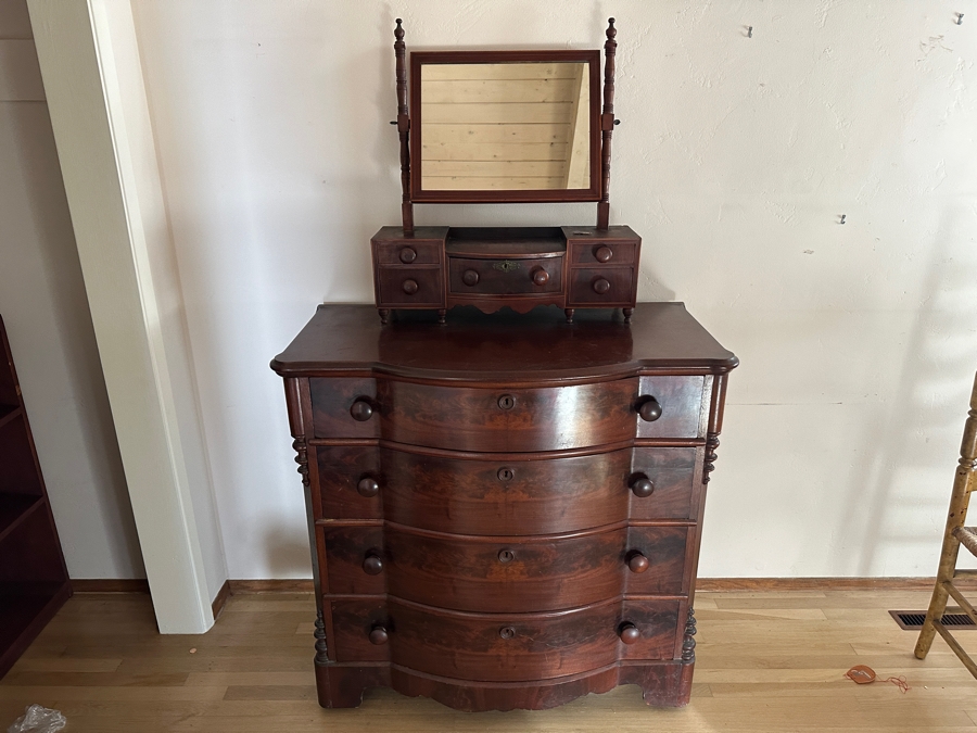 Antique Mahogany Bow Front 4-Drawer Chest Of Drawers Dresser 41W X 22D X 29H With Antique Mahogany Bow Front Swinging Shaving/Toilet Mirror 26W X 8D X 28H [Photo 2]