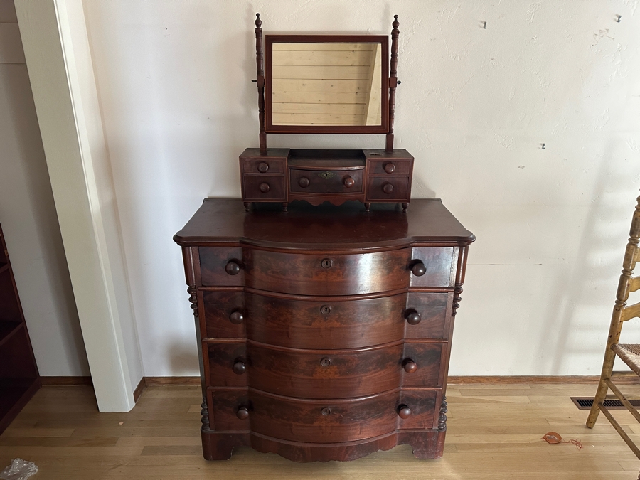 Antique Mahogany Bow Front 4-Drawer Chest Of Drawers Dresser 41W X 22D X 29H With Antique Mahogany Bow Front Swinging Shaving/Toilet Mirror 26W X 8D X 28H [Photo 4]