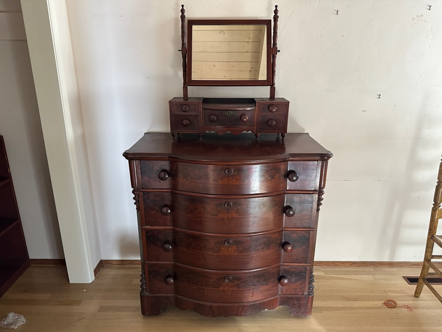 Antique Mahogany Bow Front 4-Drawer Chest Of Drawers Dresser 41W X 22D X 29H With Antique Mahogany Bow Front Swinging Shaving/Toilet Mirror 26W X 8D X 28H [Photo 3]