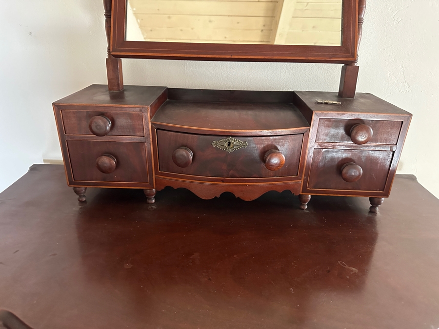 Antique Mahogany Bow Front 4-Drawer Chest Of Drawers Dresser 41W X 22D X 29H With Antique Mahogany Bow Front Swinging Shaving/Toilet Mirror 26W X 8D X 28H [Photo 17]