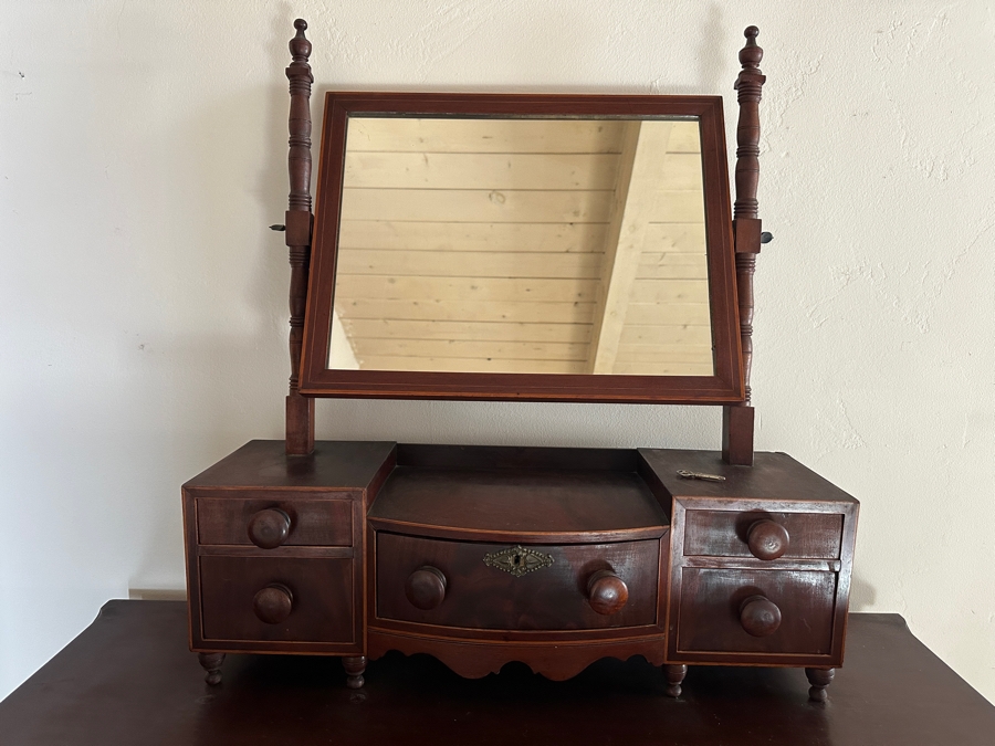Antique Mahogany Bow Front 4-Drawer Chest Of Drawers Dresser 41W X 22D X 29H With Antique Mahogany Bow Front Swinging Shaving/Toilet Mirror 26W X 8D X 28H [Photo 16]
