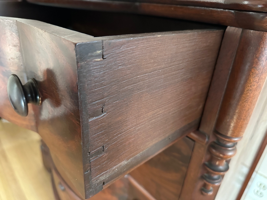 Antique Mahogany Bow Front 4-Drawer Chest Of Drawers Dresser 41W X 22D X 29H With Antique Mahogany Bow Front Swinging Shaving/Toilet Mirror 26W X 8D X 28H [Photo 12]