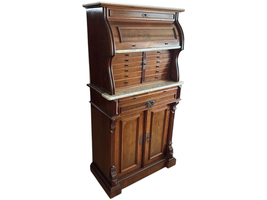 Impressive Antique Victorian Walnut And Marble Dental Collector's Cabinet 32W X 15.5D X 63H Estimate $3,000-$5,000