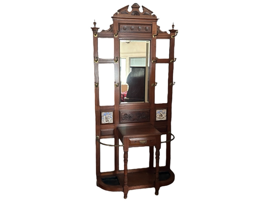 Antique Hall Tree with Minton Tiles and Umbrella Stand 41.5W x 93'H [Photo 1]