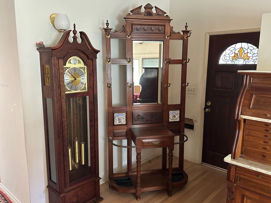 Antique Hall Tree with Minton Tiles and Umbrella Stand 41.5W x 93'H [Photo 2]