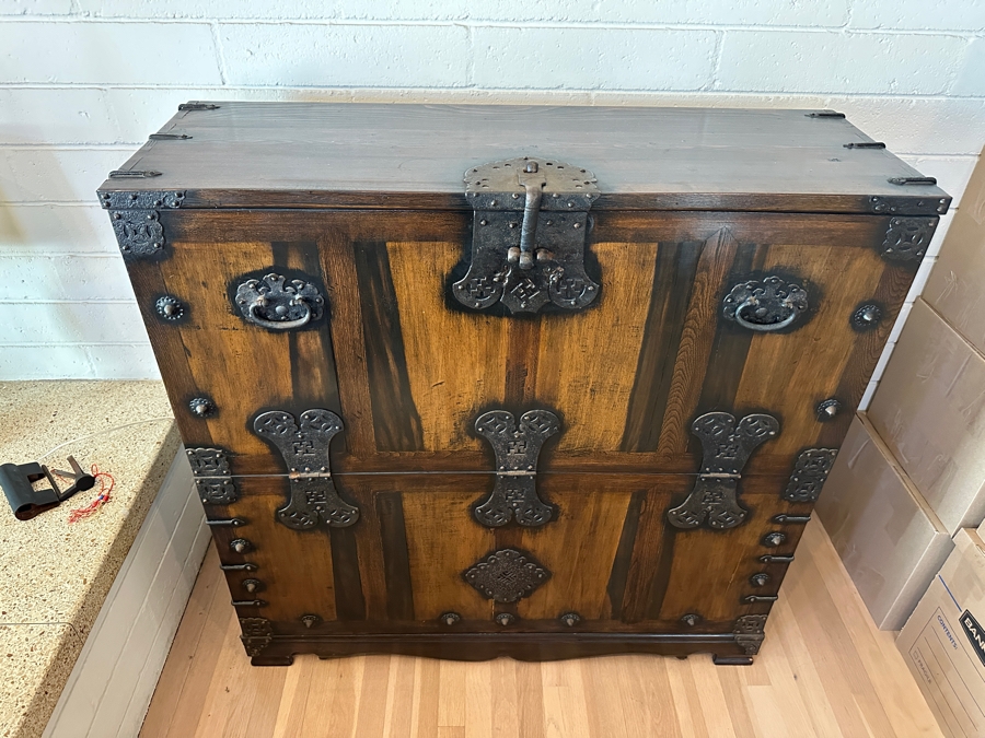 Stunning Antique Korean Wooden With Wrought Metal Ornamentation Bandaji Blanket Chest 40'W x 13.5'D x 40'H [Photo 8]