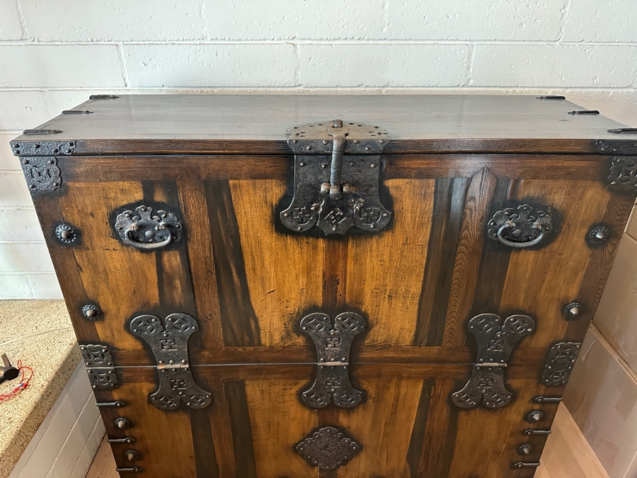 Stunning Antique Korean Wooden With Wrought Metal Ornamentation Bandaji Blanket Chest 40'W x 13.5'D x 40'H [Photo 11]