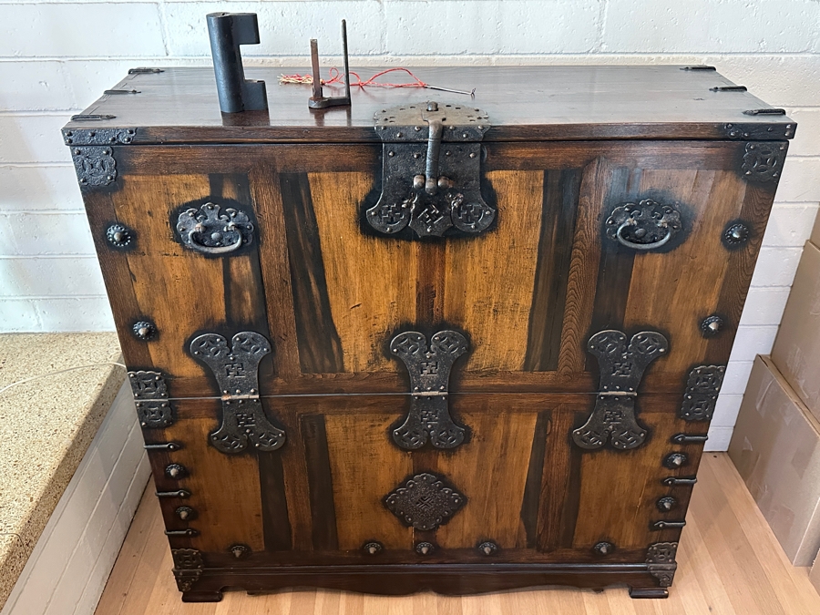 Stunning Antique Korean Wooden With Wrought Metal Ornamentation Bandaji Blanket Chest 40'W x 13.5'D x 40'H [Photo 22]