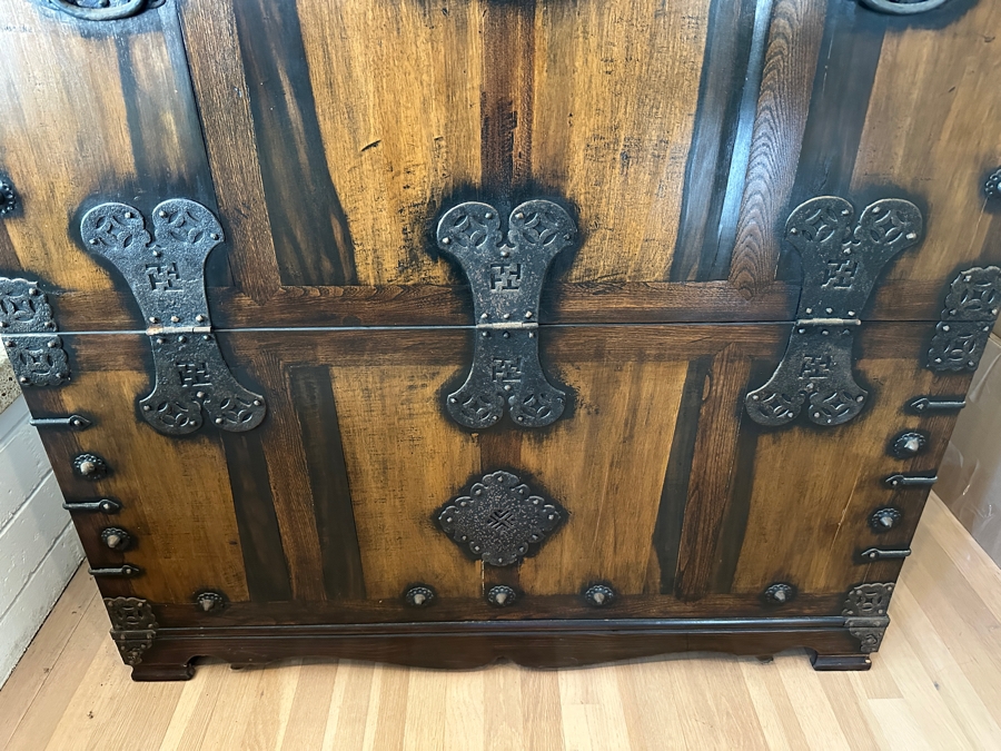 Stunning Antique Korean Wooden With Wrought Metal Ornamentation Bandaji Blanket Chest 40'W x 13.5'D x 40'H [Photo 12]