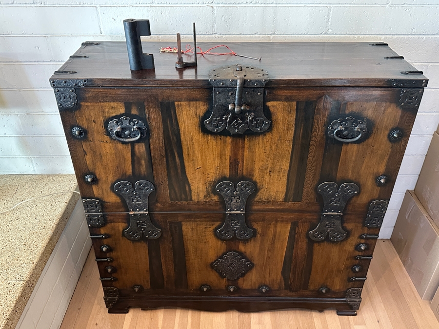 Stunning Antique Korean Wooden With Wrought Metal Ornamentation Bandaji Blanket Chest 40'W x 13.5'D x 40'H [Photo 21]
