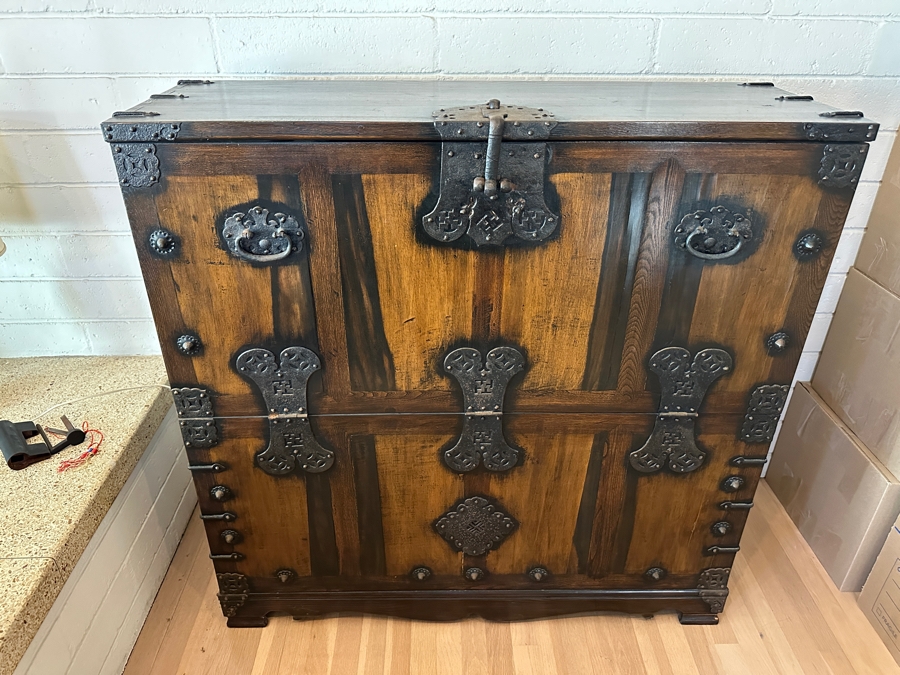 Stunning Antique Korean Wooden With Wrought Metal Ornamentation Bandaji Blanket Chest 40'W x 13.5'D x 40'H [Photo 7]