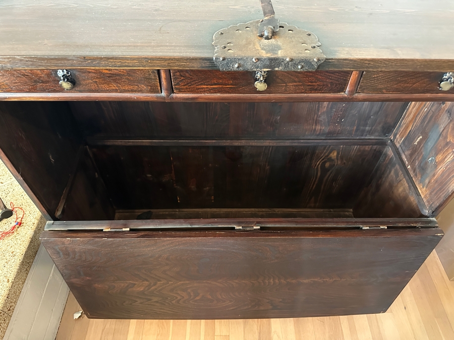 Stunning Antique Korean Wooden With Wrought Metal Ornamentation Bandaji Blanket Chest 40'W x 13.5'D x 40'H [Photo 3]
