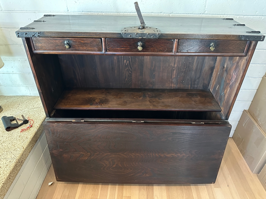 Stunning Antique Korean Wooden With Wrought Metal Ornamentation Bandaji Blanket Chest 40'W x 13.5'D x 40'H [Photo 5]