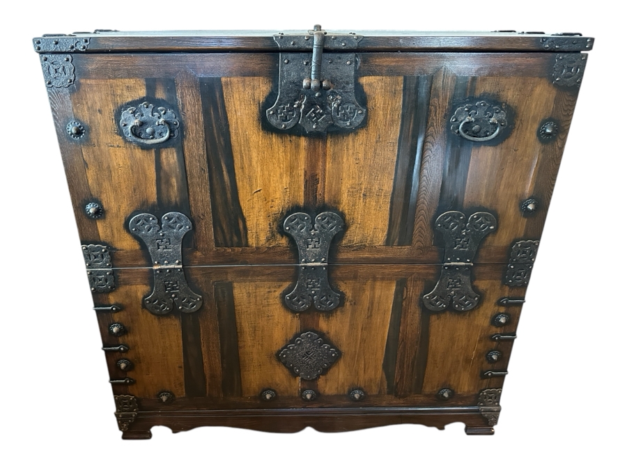 Stunning Antique Korean Wooden With Wrought Metal Ornamentation Bandaji Blanket Chest 40'W x 13.5'D x 40'H [Photo 2]