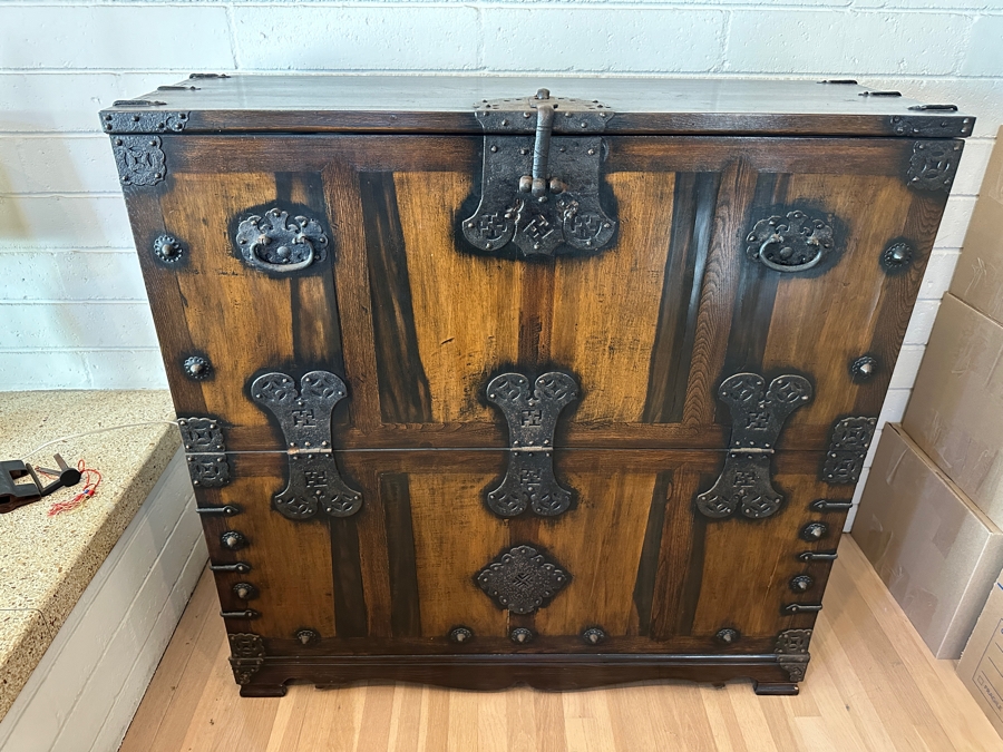 Stunning Antique Korean Wooden With Wrought Metal Ornamentation Bandaji Blanket Chest 40'W x 13.5'D x 40'H [Photo 9]