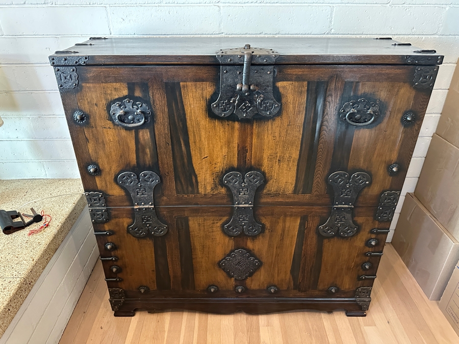 Stunning Antique Korean Wooden With Wrought Metal Ornamentation Bandaji Blanket Chest 40'W x 13.5'D x 40'H [Photo 6]