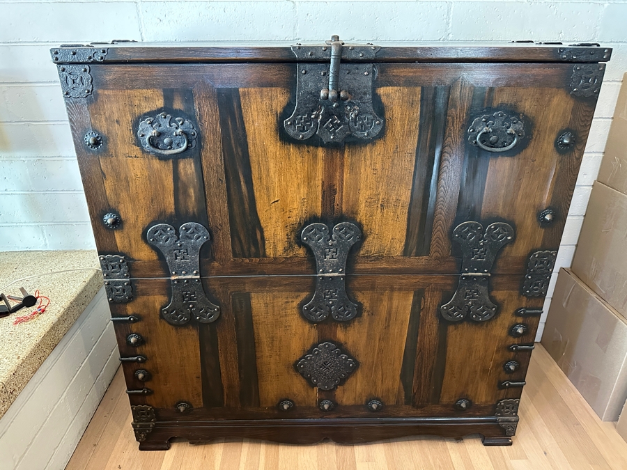 Stunning Antique Korean Wooden With Wrought Metal Ornamentation Bandaji Blanket Chest 40'W x 13.5'D x 40'H [Photo 10]