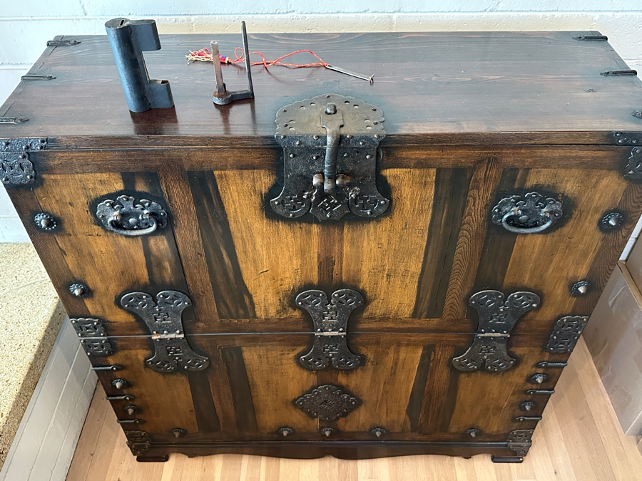 Stunning Antique Korean Wooden With Wrought Metal Ornamentation Bandaji Blanket Chest 40'W x 13.5'D x 40'H [Photo 24]