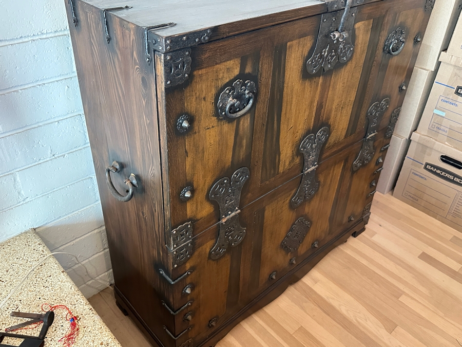 Stunning Antique Korean Wooden With Wrought Metal Ornamentation Bandaji Blanket Chest 40'W x 13.5'D x 40'H [Photo 19]