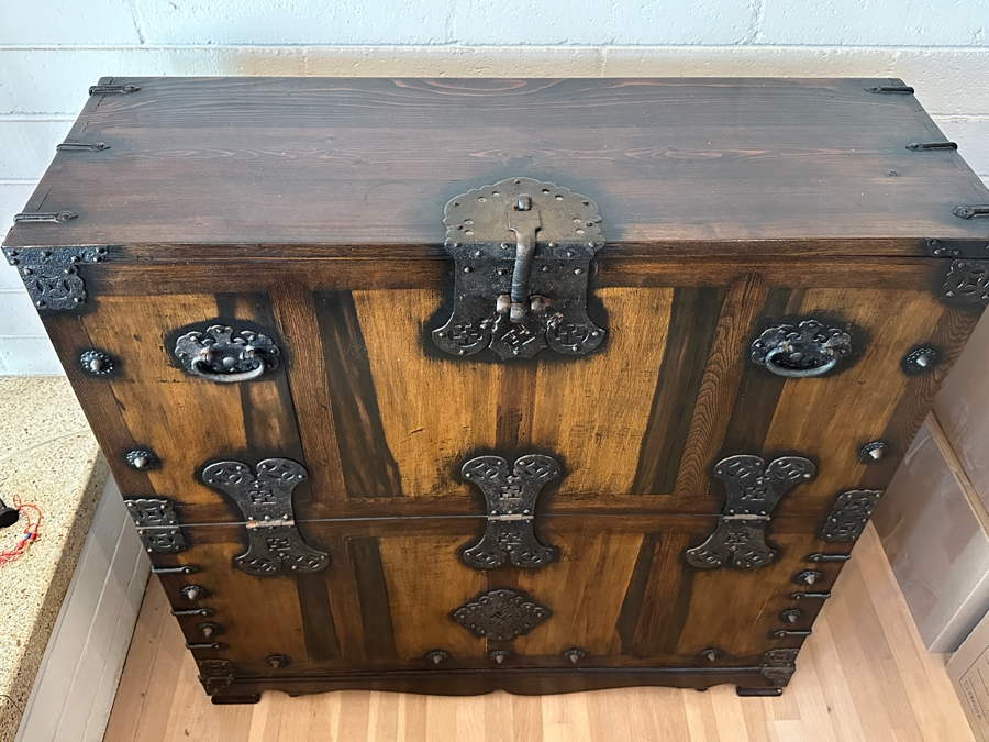 Stunning Antique Korean Wooden With Wrought Metal Ornamentation Bandaji Blanket Chest 40'W x 13.5'D x 40'H [Photo 17]