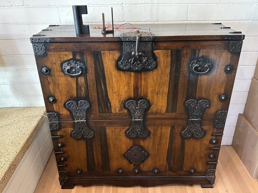 Stunning Antique Korean Wooden With Wrought Metal Ornamentation Bandaji Blanket Chest 40'W x 13.5'D x 40'H [Photo 23]