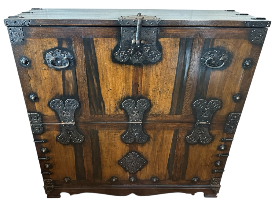 Stunning Antique Korean Wooden With Wrought Metal Ornamentation Bandaji Blanket Chest 40'W x 13.5'D x 40'H