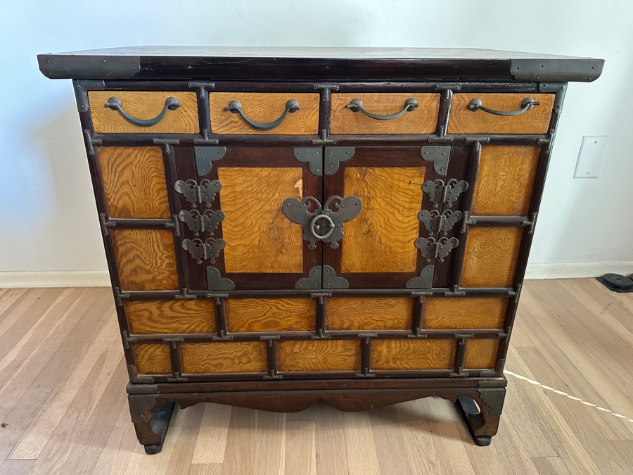 Mid Century Korean Elm Wood and Brass Engraved Butterfly Desktop Chest 25'W x 16.5D x 24'H [Photo 4]
