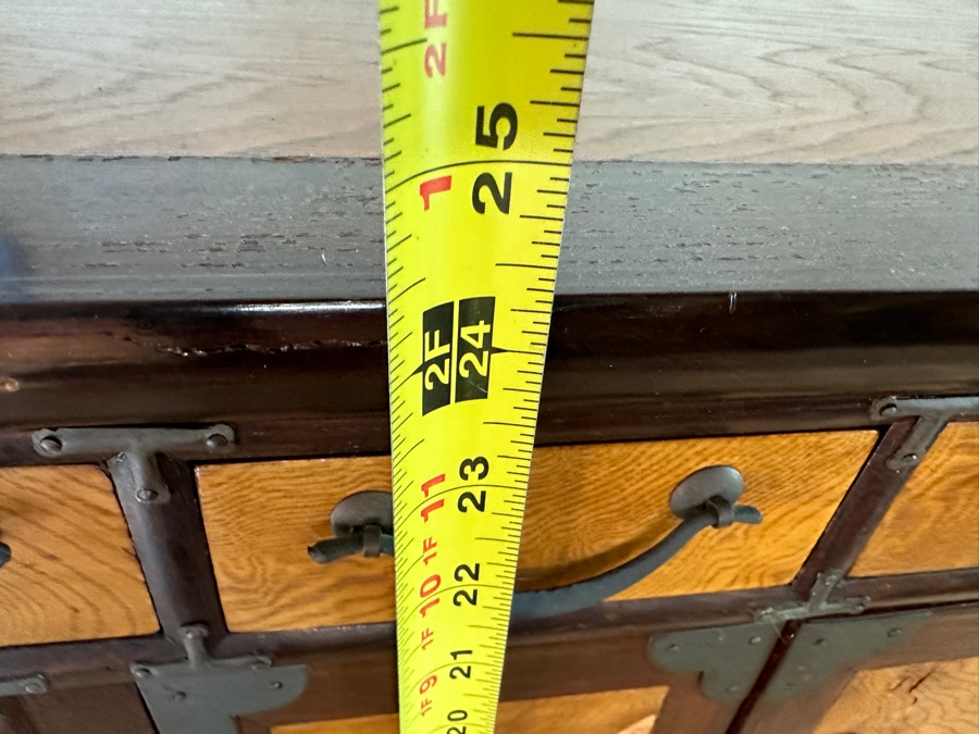 Mid Century Korean Elm Wood and Brass Engraved Butterfly Desktop Chest 25'W x 16.5D x 24'H [Photo 13]