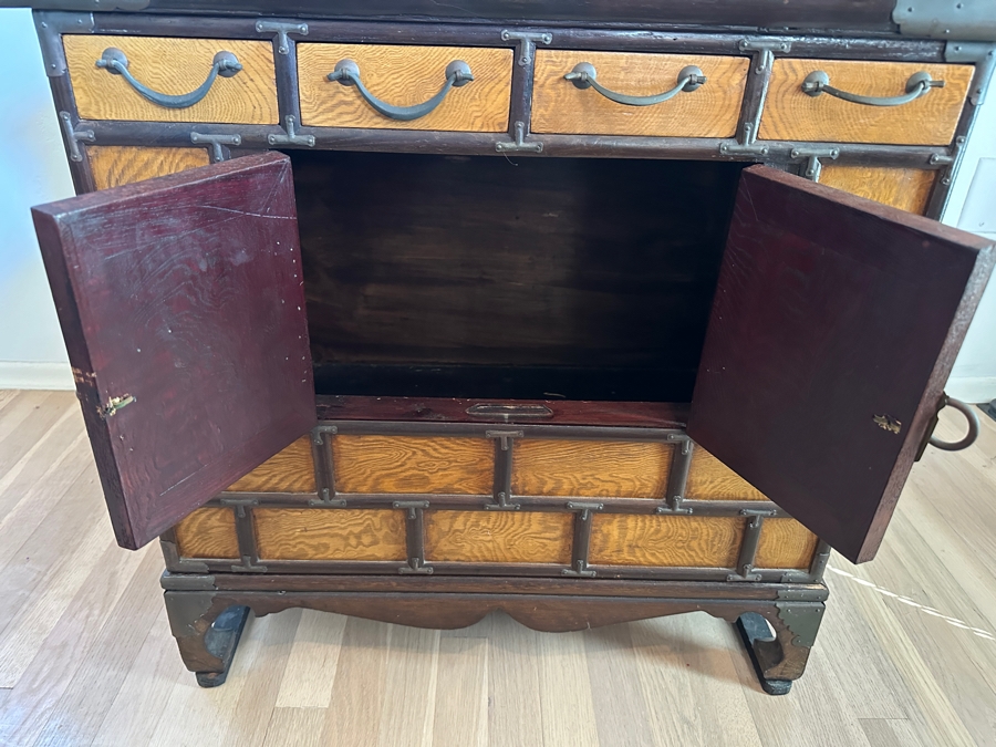 Mid Century Korean Elm Wood and Brass Engraved Butterfly Desktop Chest 25'W x 16.5D x 24'H [Photo 8]