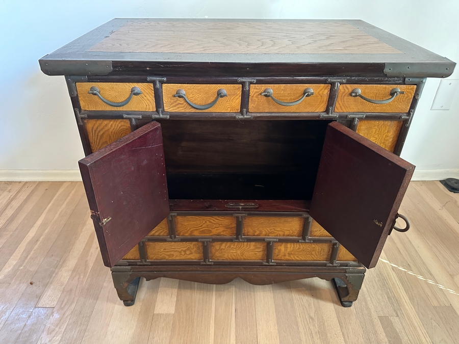 Mid Century Korean Elm Wood and Brass Engraved Butterfly Desktop Chest 25'W x 16.5D x 24'H [Photo 7]