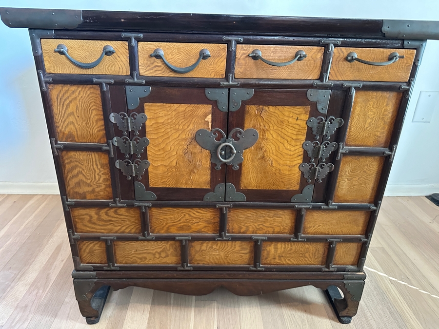 Mid Century Korean Elm Wood and Brass Engraved Butterfly Desktop Chest 25'W x 16.5D x 24'H [Photo 5]