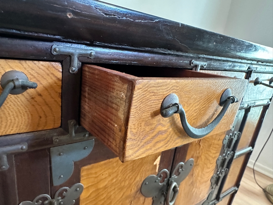 Mid Century Korean Elm Wood and Brass Engraved Butterfly Desktop Chest 25'W x 16.5D x 24'H [Photo 6]